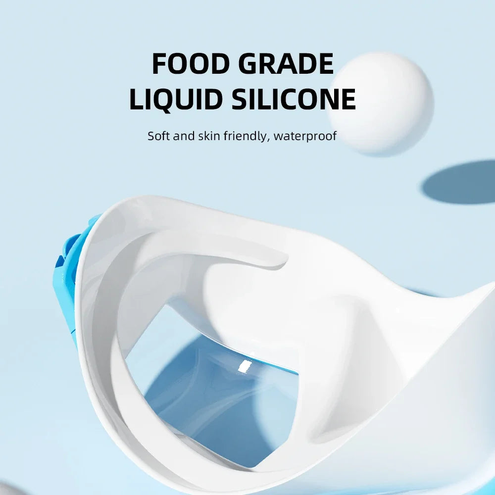 White scuba diving mask with clear lens and soft liquid silicone skirt.