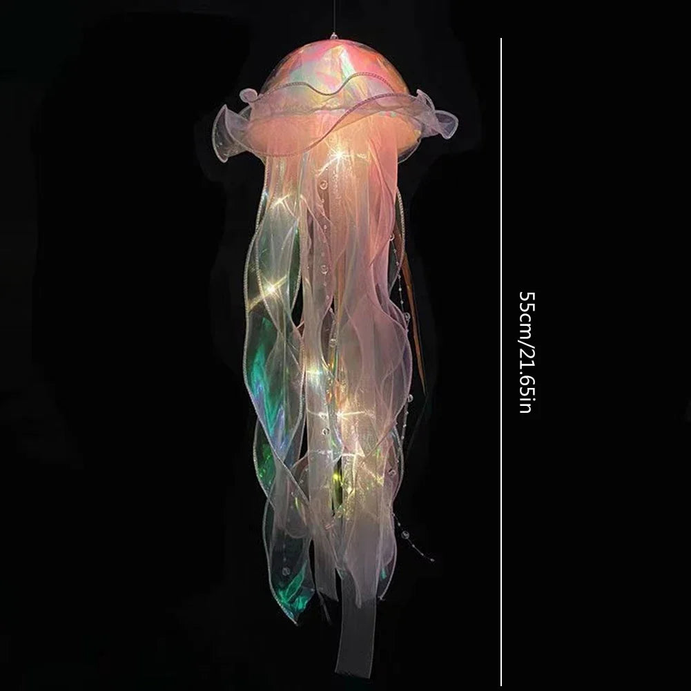 Hanging jellyfish lantern lamp with glowing multicolor LEDs and translucent tentacles