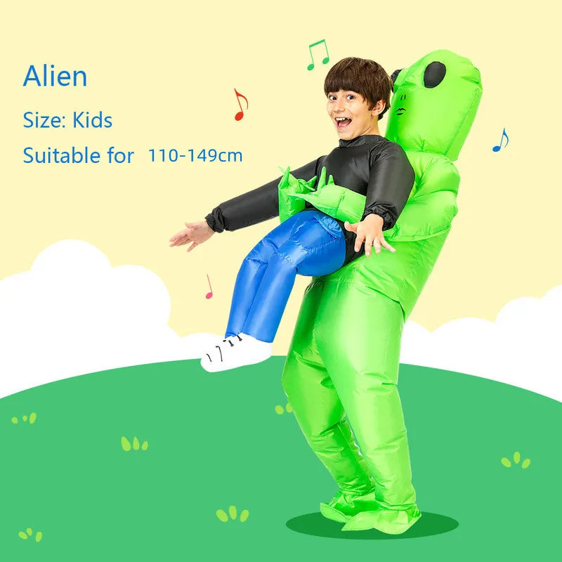 Inflatable green alien suit with black top, blue legs, and spiky green shoulder accents.