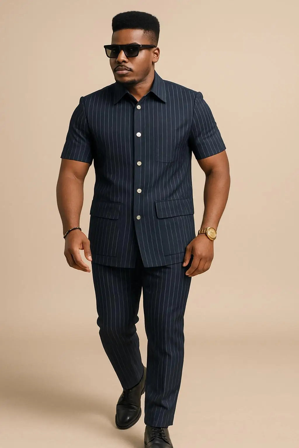 Men's navy striped short-sleeve shirt and pants set, matching slim trousers