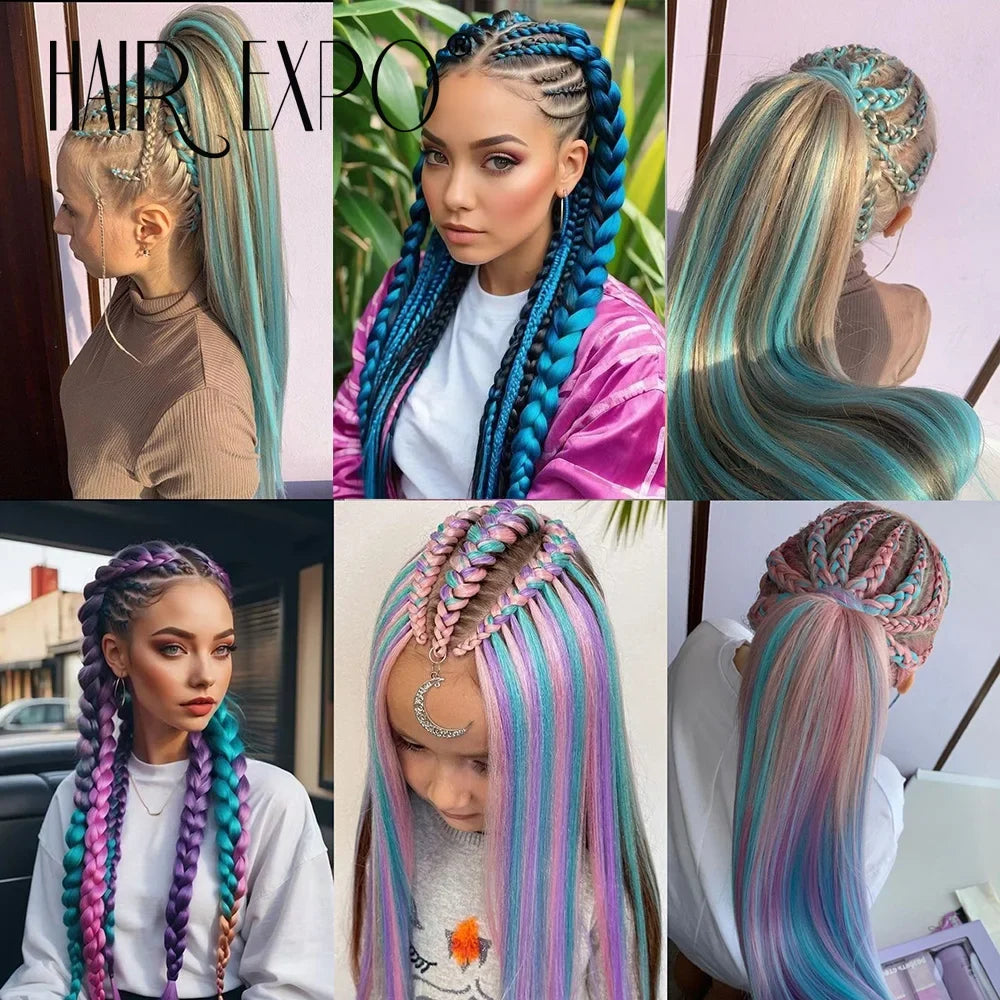 Multi-photo set showing long ombre braiding hair extensions in teal, purple, and brown