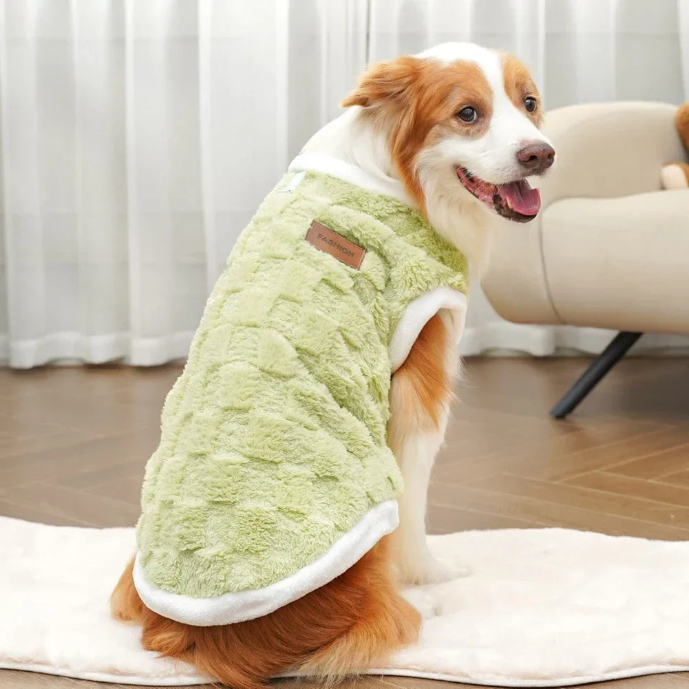 Green fleece dog pullover sweater with brown patch label and white trim