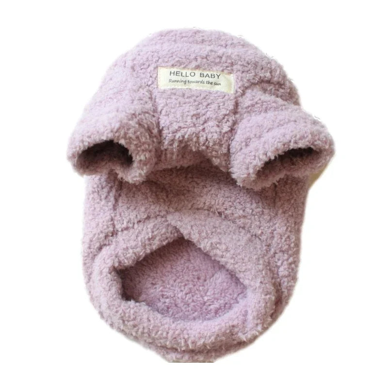 Plush dog sweater with hood, fuzzy light purple, front paw pocket, 'HELLO BABY' tag
