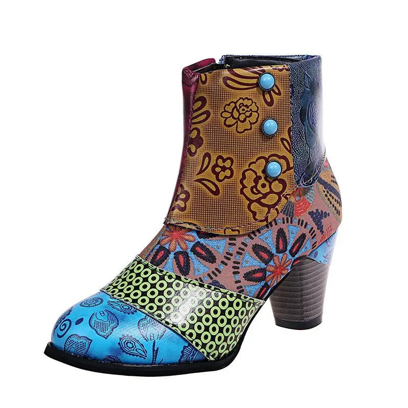 Women’s ankle boots with blue, green, and tan folk print and chunky stacked heel