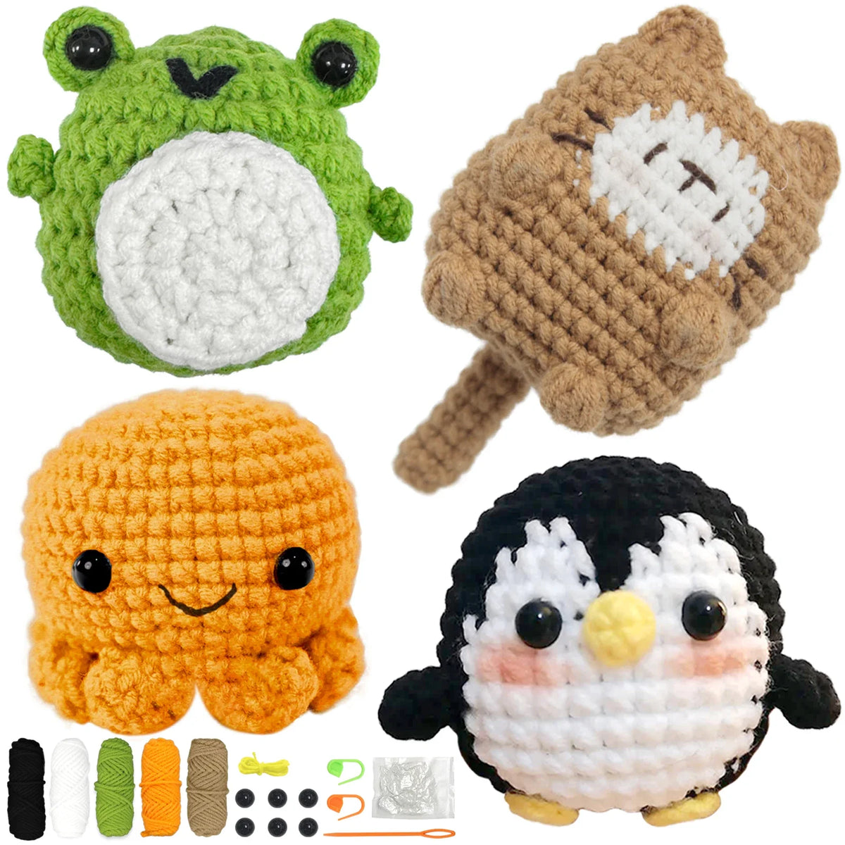 Crochet animal plush set with frog, bear, chick, and penguin toys