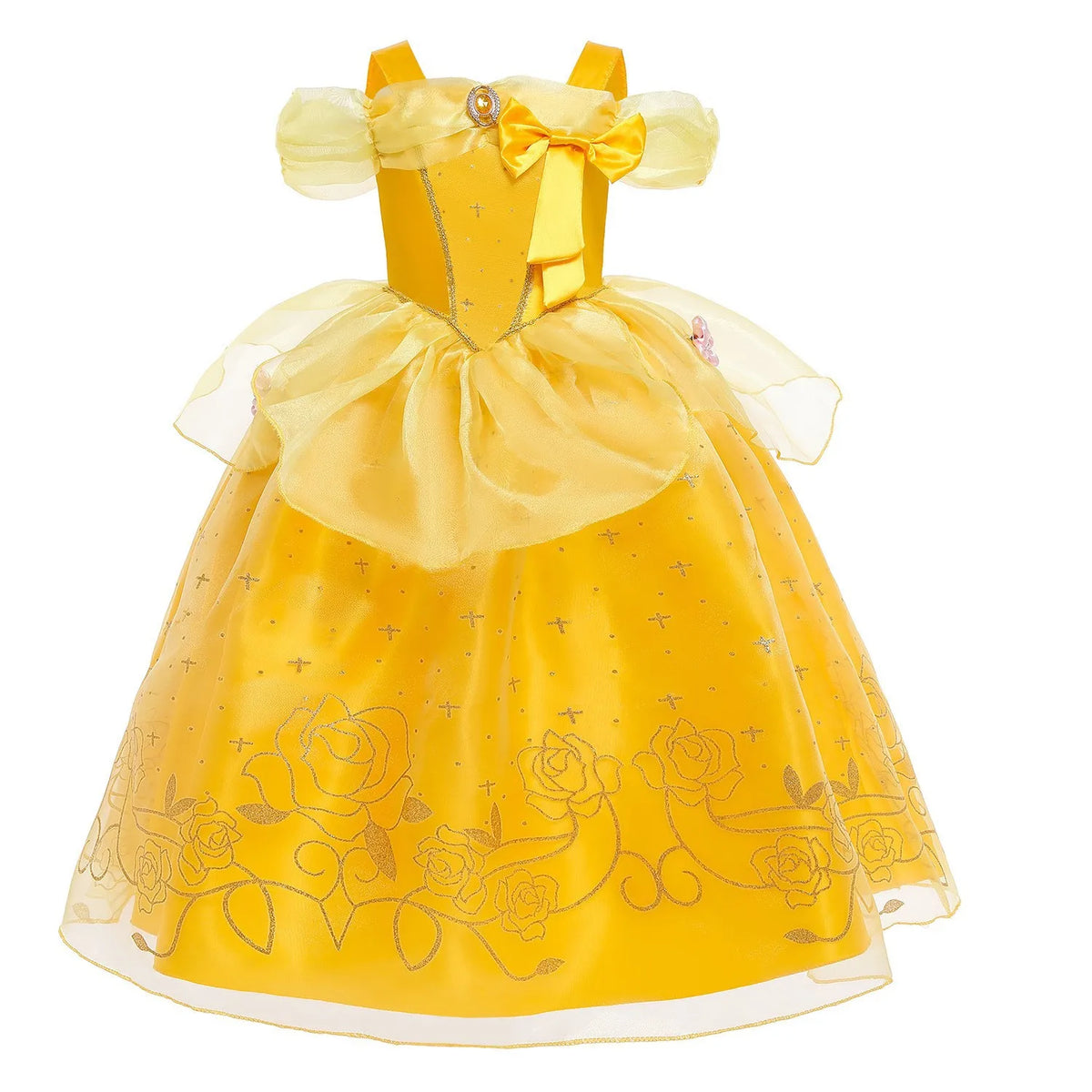 Yellow princess cosplay dress for kids with satin top, layered tulle skirt, and decorative bow