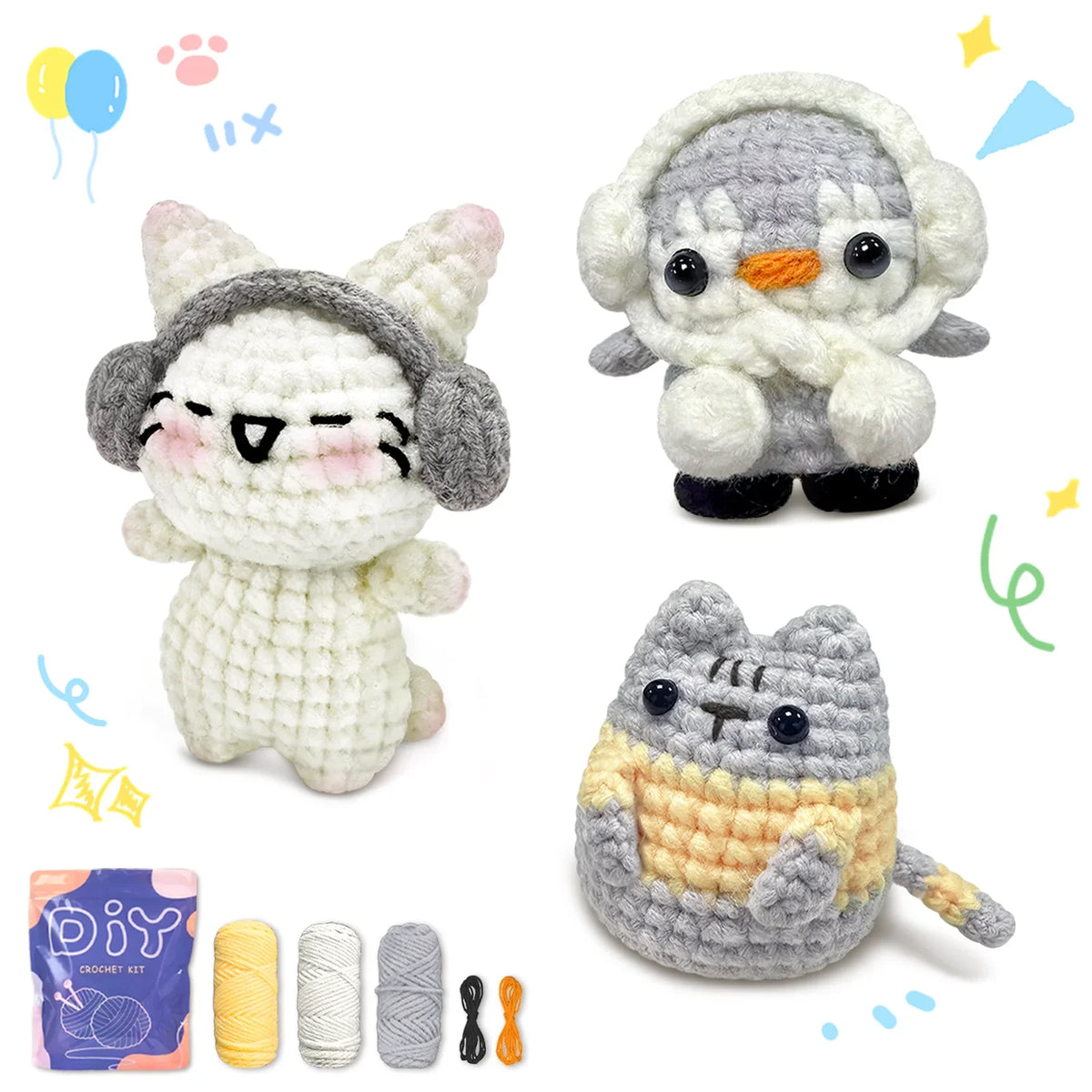 Crochet animal plush set featuring bunny, penguin, and two hedgehog toys