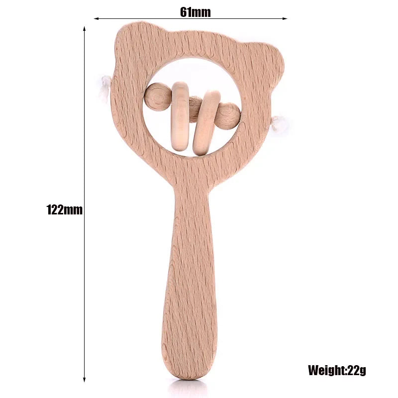 Wooden animal ring baby teether with teething ring and small side pom accents