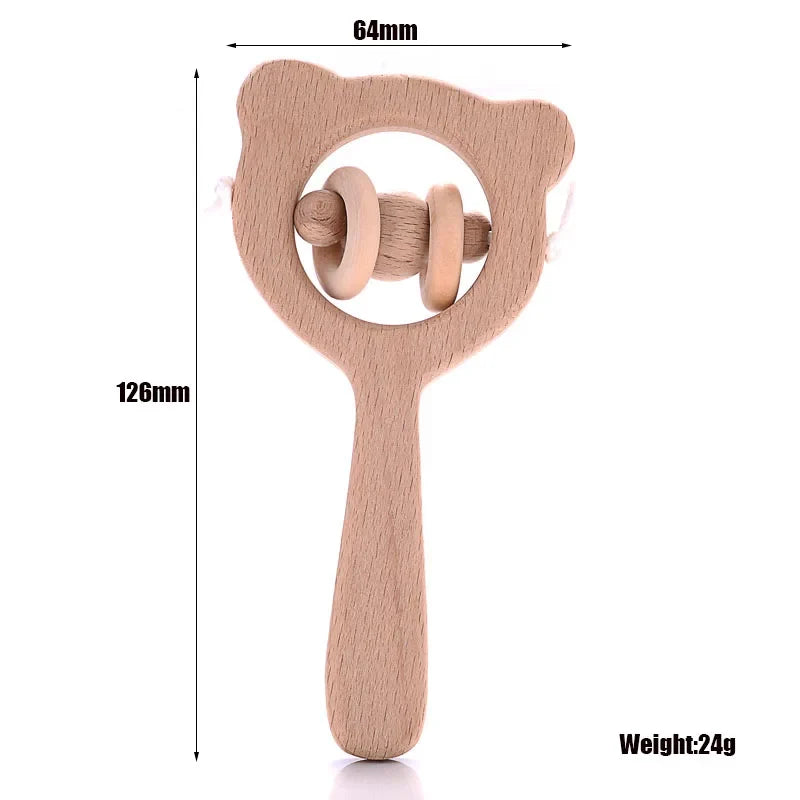 Wooden animal ring baby teether with inner teething ring and small side pom accents