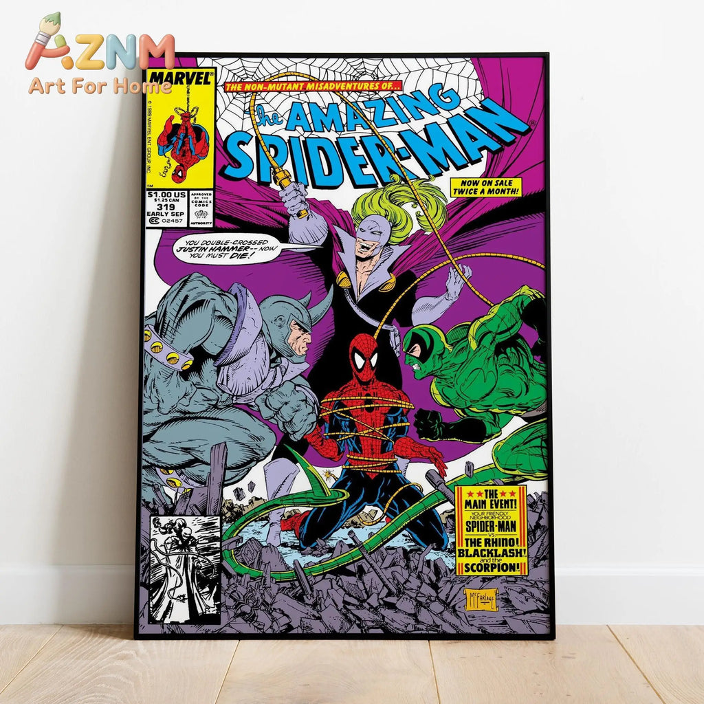 Spider-Man comic canvas poster on purple with green creature and Spider-Man web-swing pose