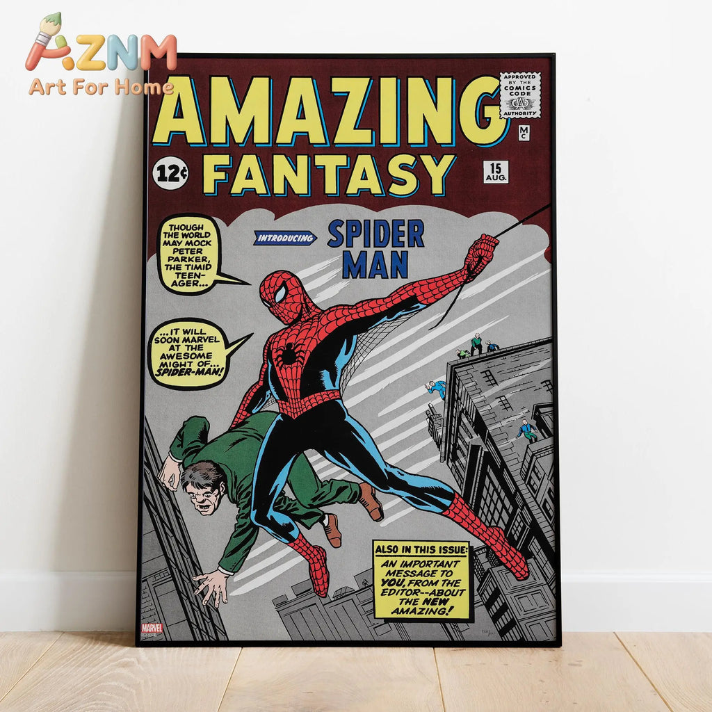 Spider-Man comic canvas poster featuring Spider-Man swinging over city, green villain