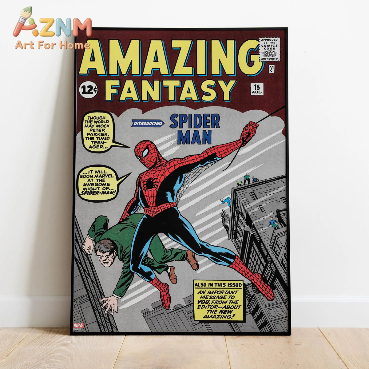 Spider-Man comic canvas poster featuring Spider-Man swinging over city, green villain