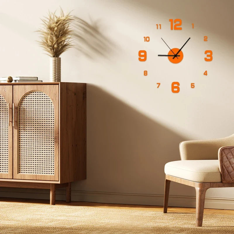 Frameless wall clock decal with orange numbers and orange circular face with black hands