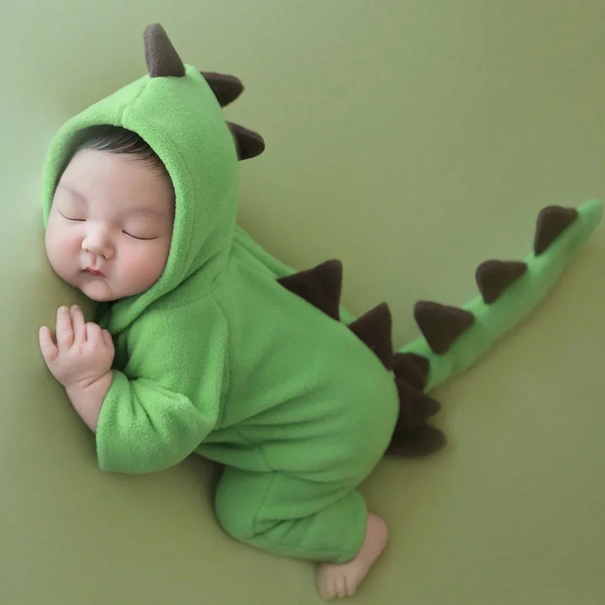 Green dinosaur hooded baby jumpsuit with brown spike details