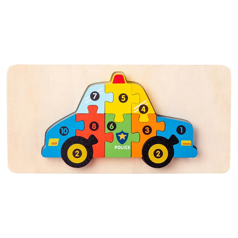 Wooden police car-shaped 3D number puzzle with interlocking pieces on board