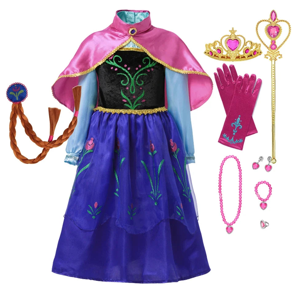 Ice Queen princess dress with pink cape overlay, blue skirt, and green embroidered front panel