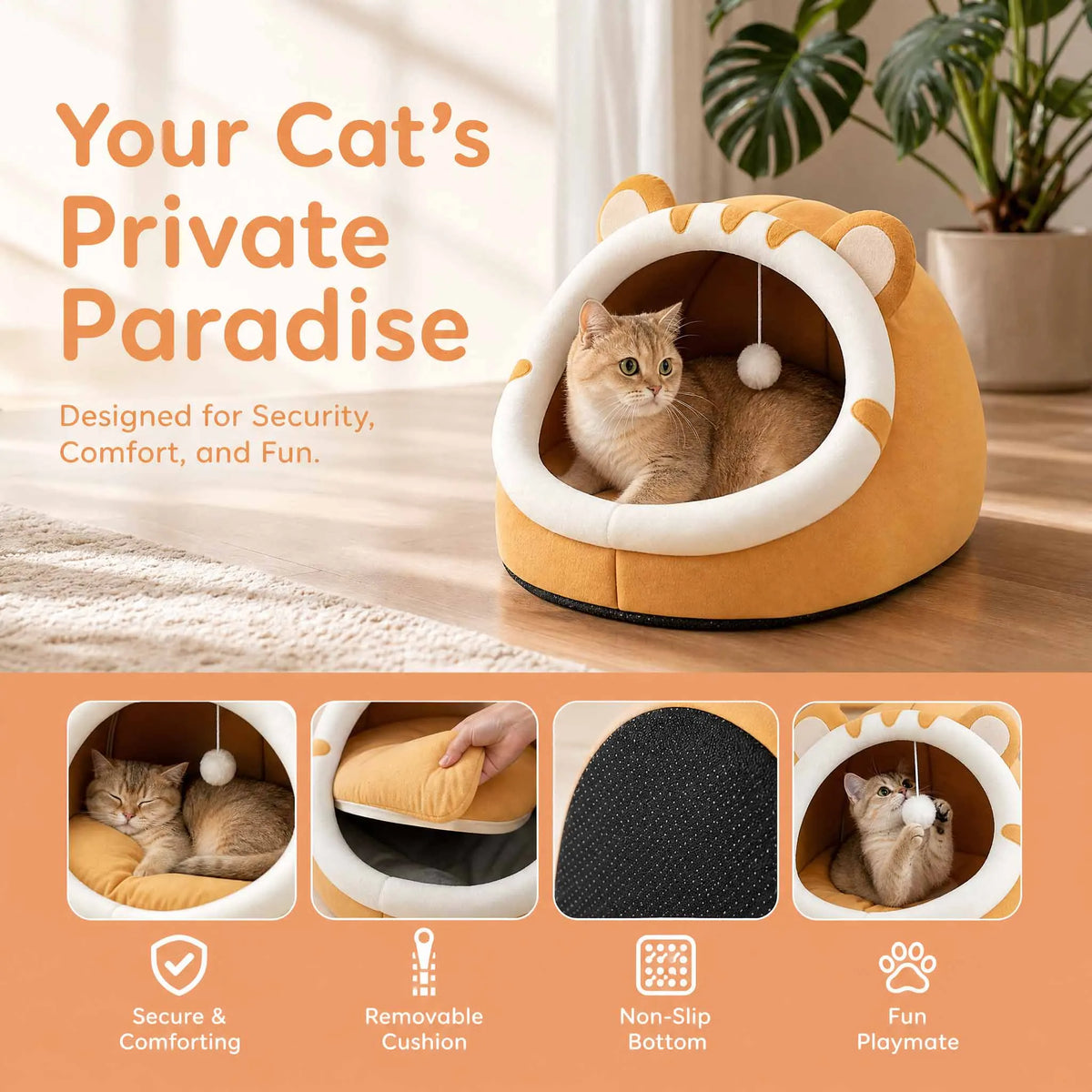 Yellow covered cat bed cave tent with cat inside, white ring opening and pom-pom
