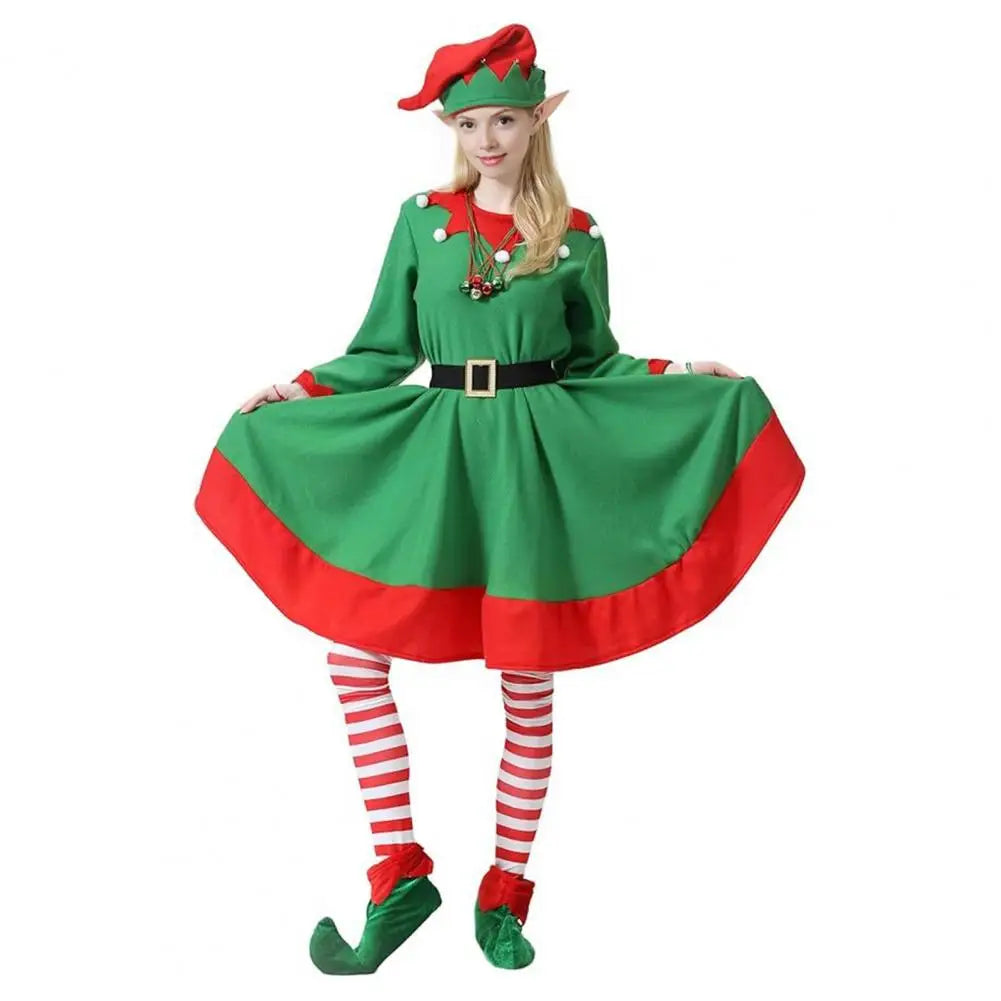 Women’s green elf costume with flared dress, striped socks, hat, belt and shoes