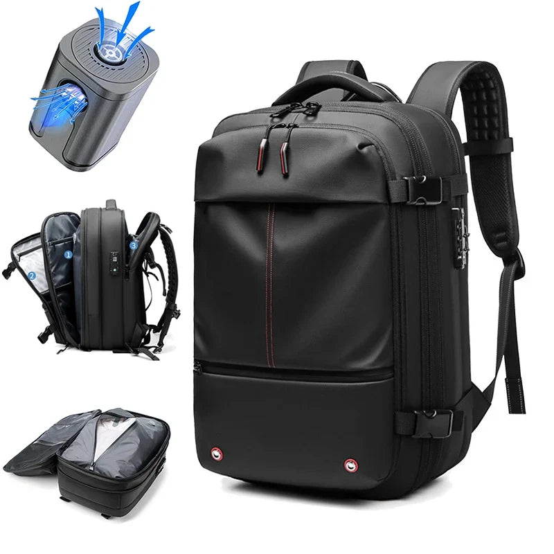 17-inch laptop backpack in dark grey with top handle, side strap, and front pocket.