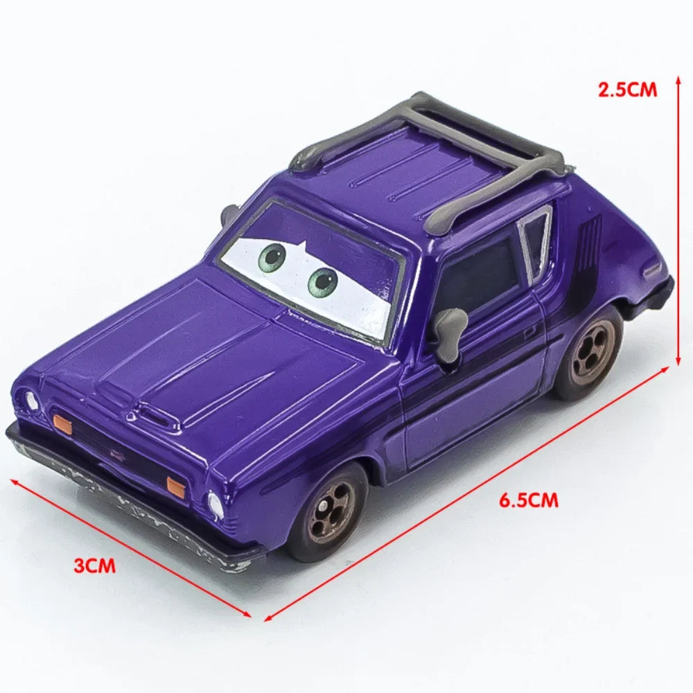 Purple diecast racing car toy with friendly face on the windshield