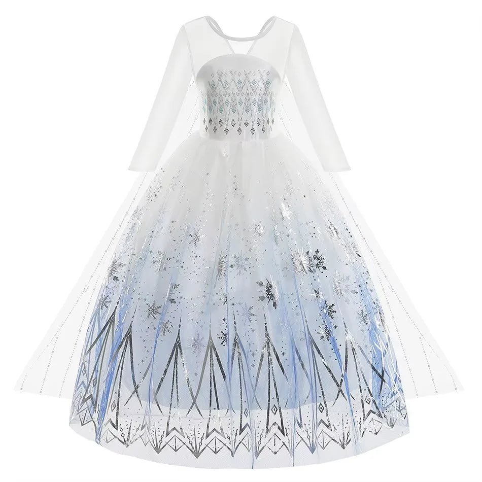 Girls white lace princess dress with sheer long sleeves and glittery blue layered skirt