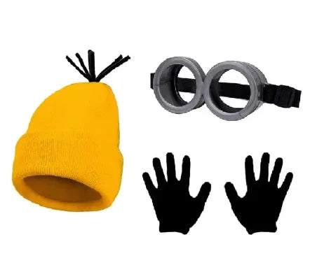 Halloween costume accessory set with yellow beanie, round goggles and black gloves