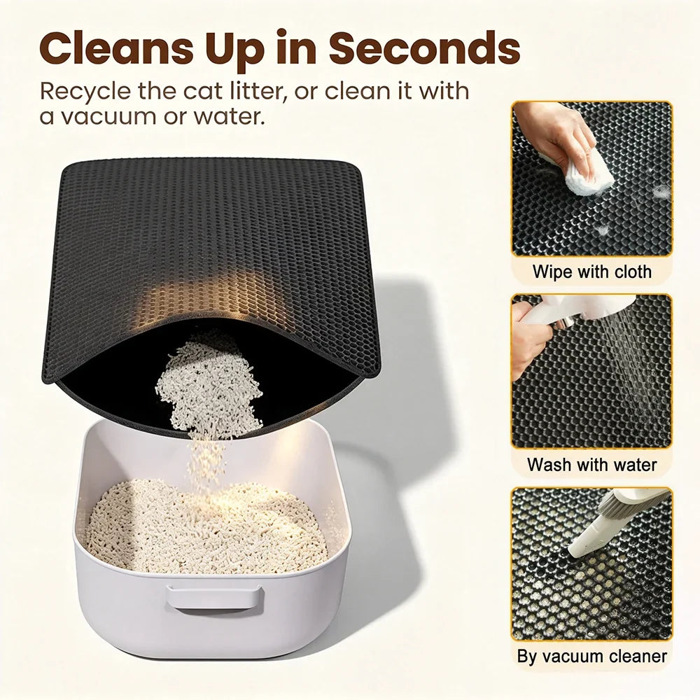 Black double-layer honeycomb cat litter mat with waterproof backing for easy cleaning