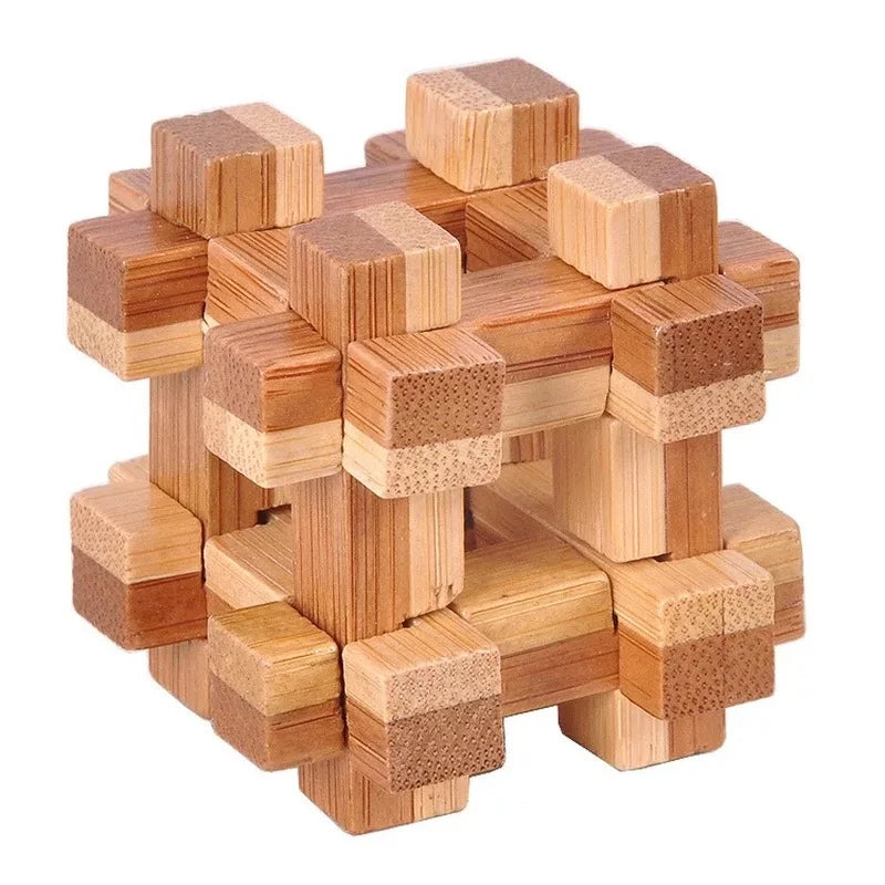 Clustered wooden interlocking burr puzzle with multiple light wood pieces and brown speckled blocks