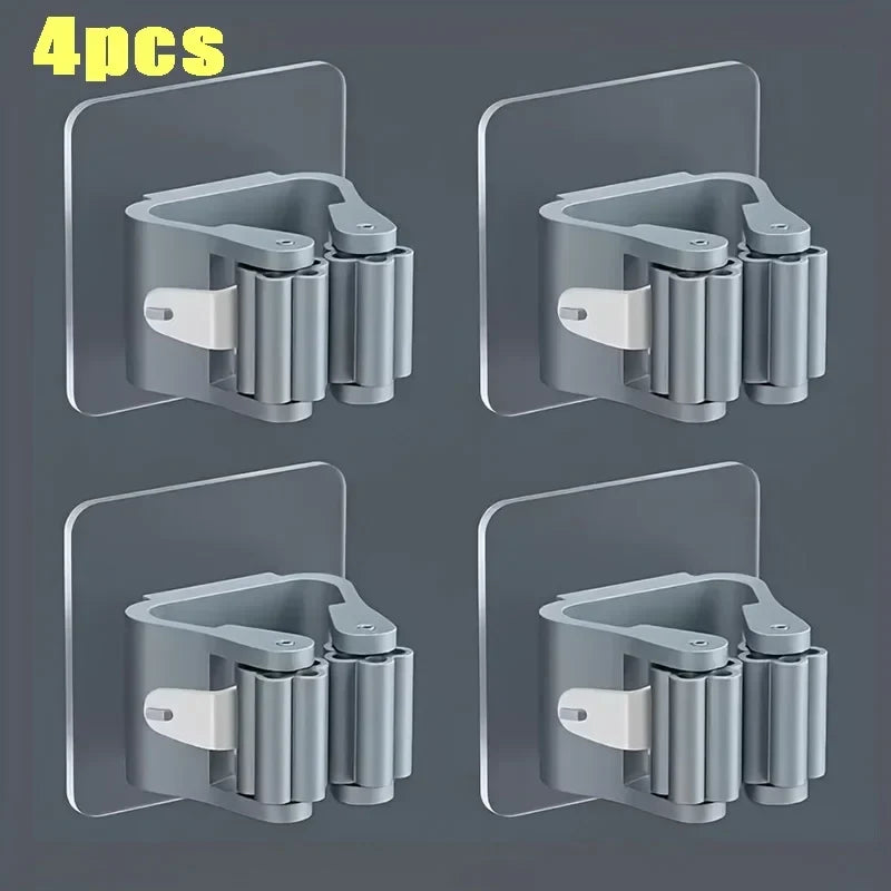 Wall mop and broom holder clips, set of 4, grey adhesive organizers