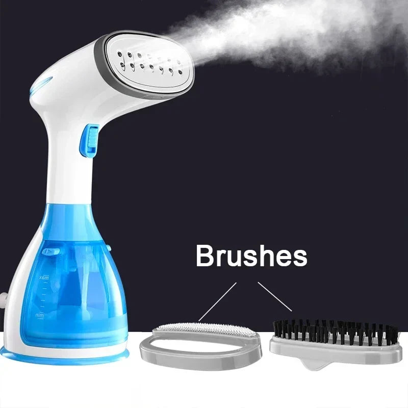 Handheld fabric steamer with brush attachments and steam vent