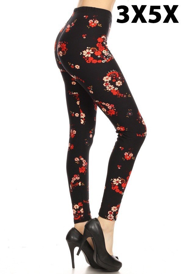 Plus-size leggings, black with red floral print