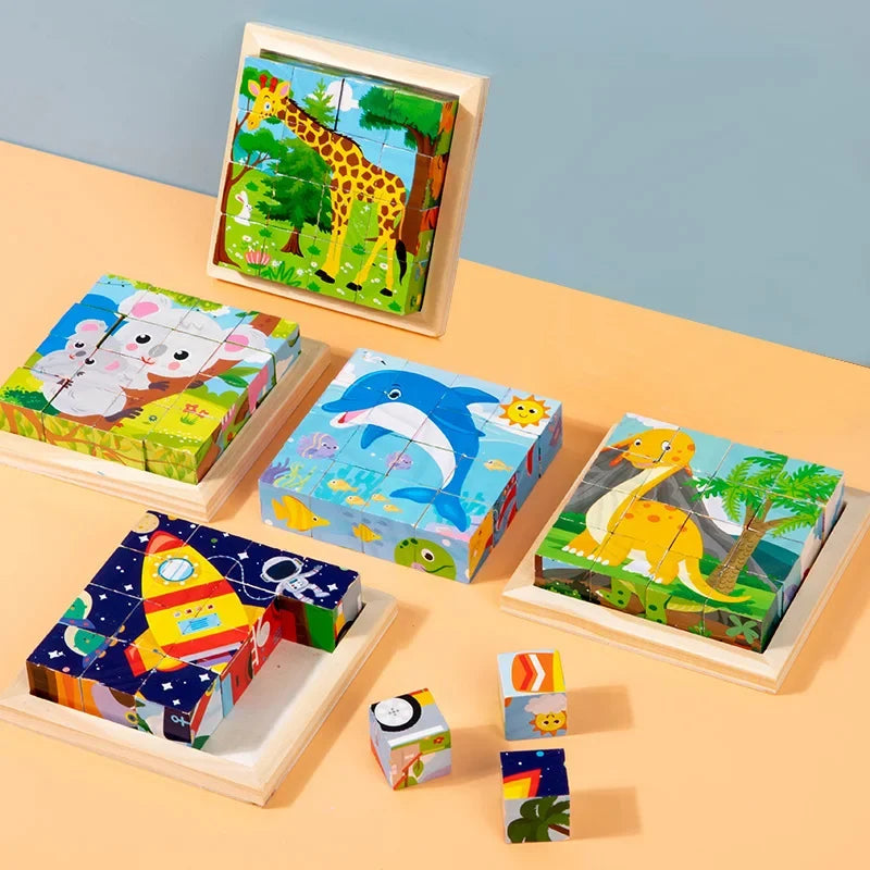 Wooden animal puzzle blocks set with giraffe, dolphin, lion, and space rocket designs