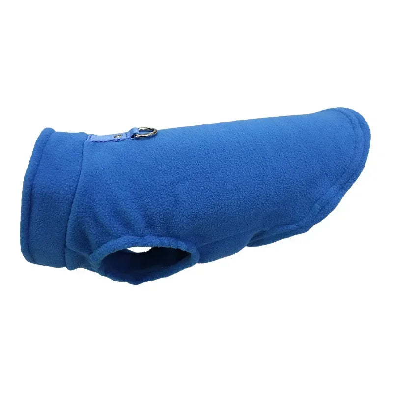 Blue fleece pet jacket vest with D-ring strap and round leg opening