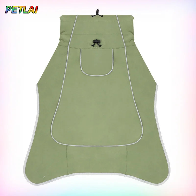 Olive dog rain jacket with front pocket pouch and hanging loop