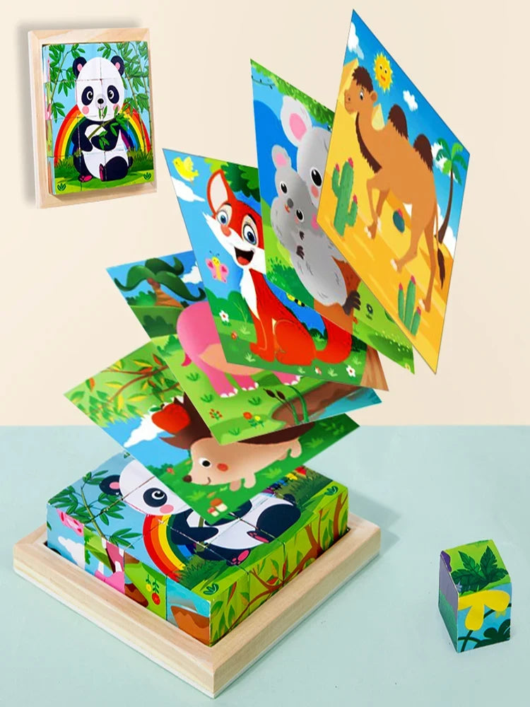 Wooden animal puzzle blocks set fanned on a wooden base with panda and giraffe pieces