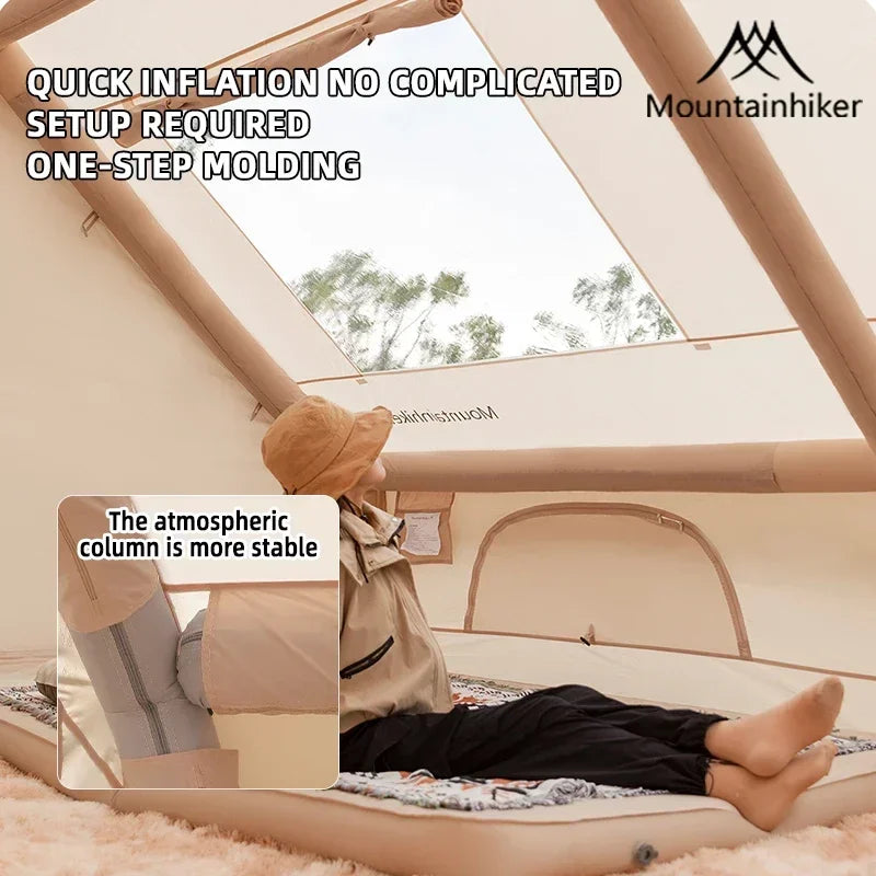 Mountainhiker inflatable tent with raised frame columns and one-step inflating base