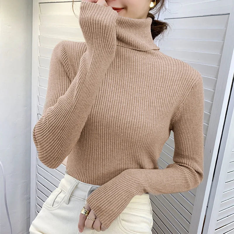 Women’s ribbed turtleneck sweater in beige taupe, long sleeves, high neck