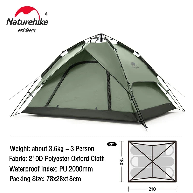 Dark green dome tent with arched front door, mesh side panel, and black bottom edge