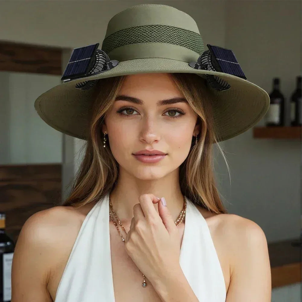 Olive solar fan fisherman hat with wide brim and two front solar panel vents