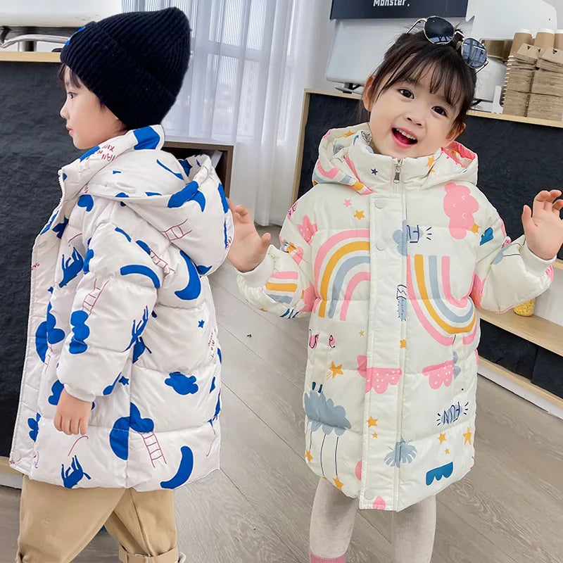 Kids hooded puffer jacket, white with blue cartoon print, full front zip