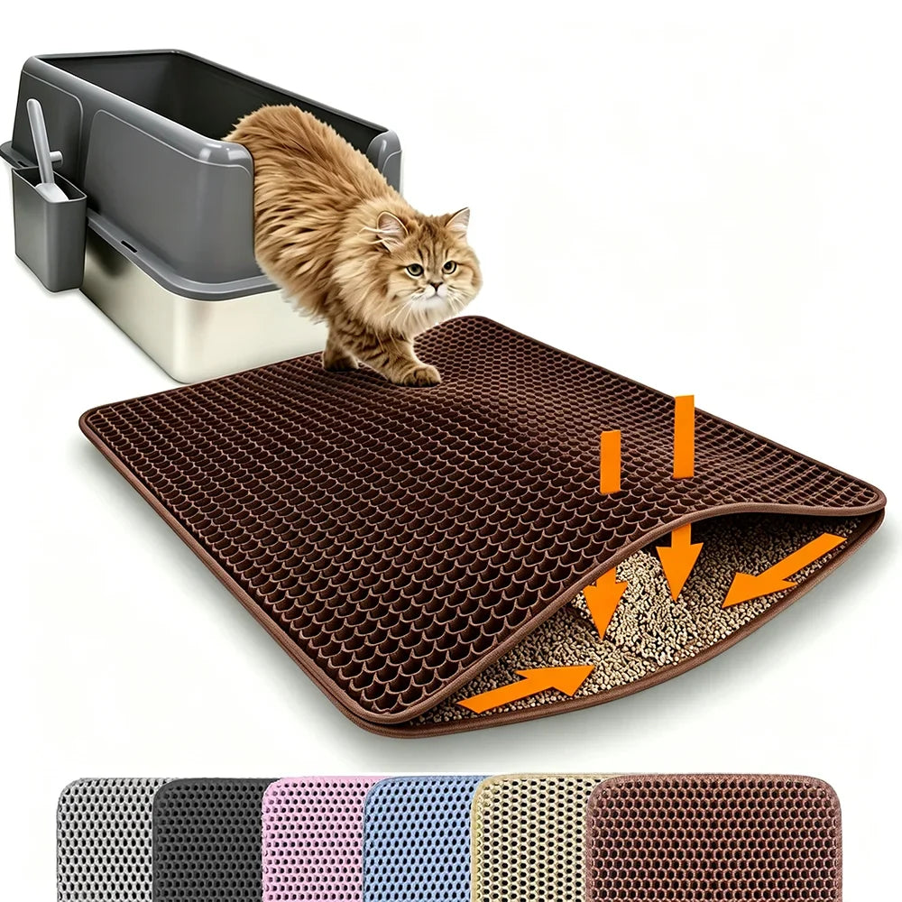 Brown double-layer honeycomb cat litter mat with waterproof backing for cat litter