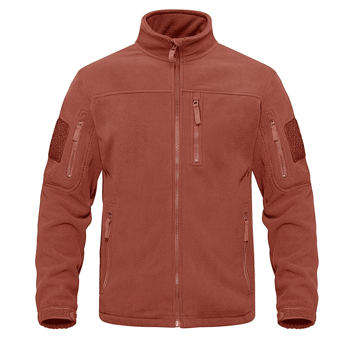 Rust red full-zip fleece jacket with stand collar and chest zipper pocket