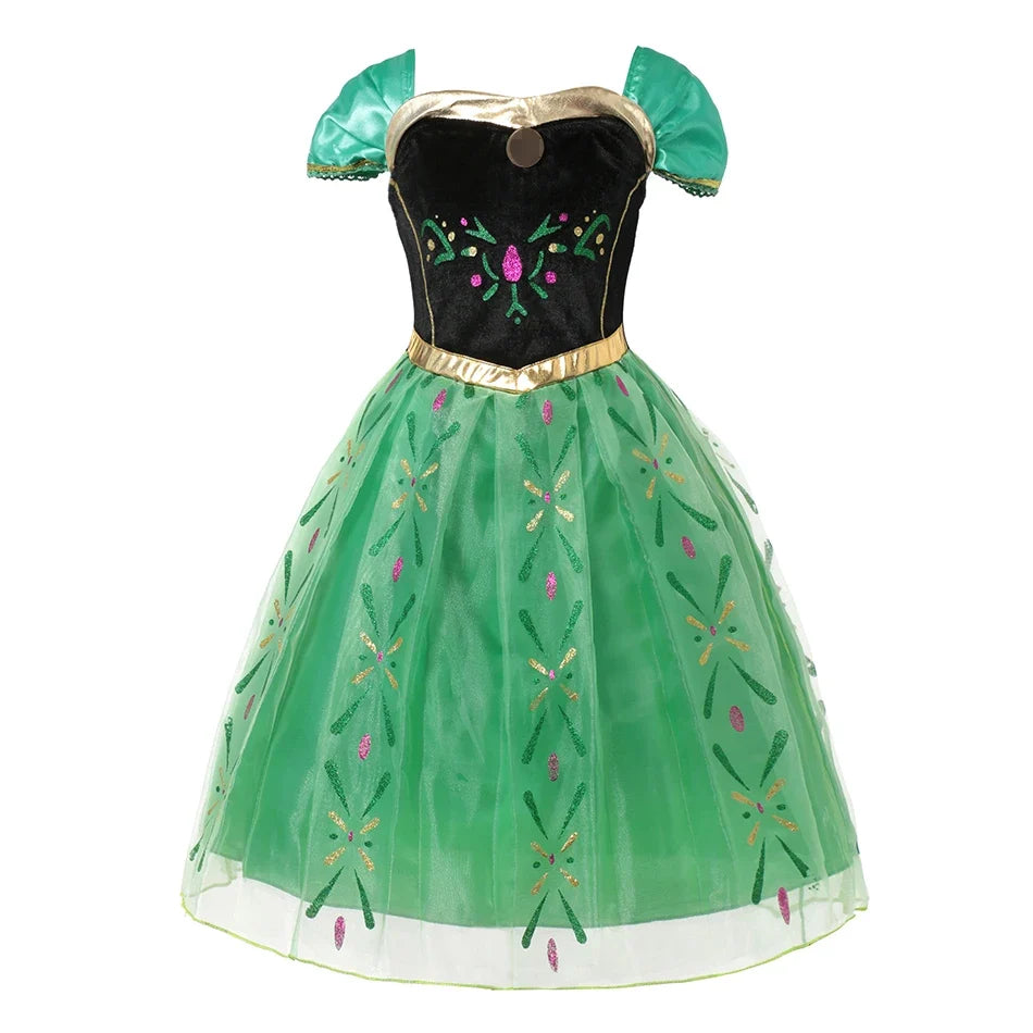 Green princess dress front view with black bodice and gold waist trim, full flared tulle skirt.
