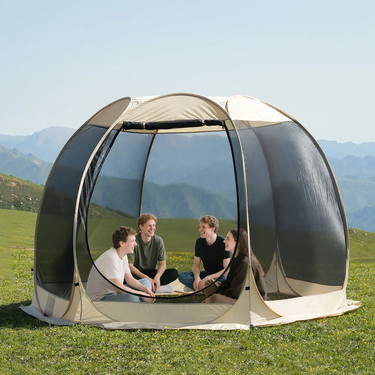 6-8 person dome screen house tent with open front and mesh windows