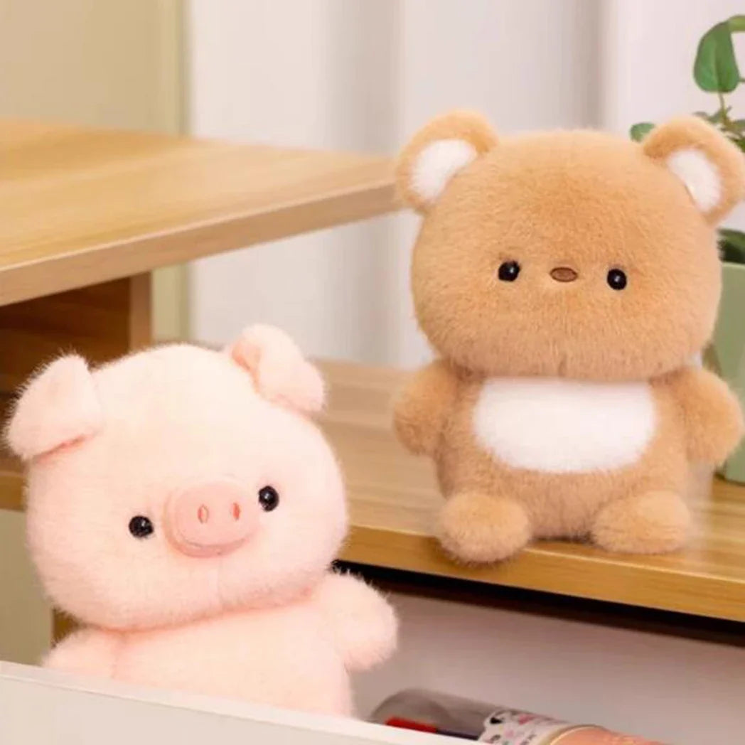 15cm plush animal toy pair: light pink bunny and tan bear on a shelf.