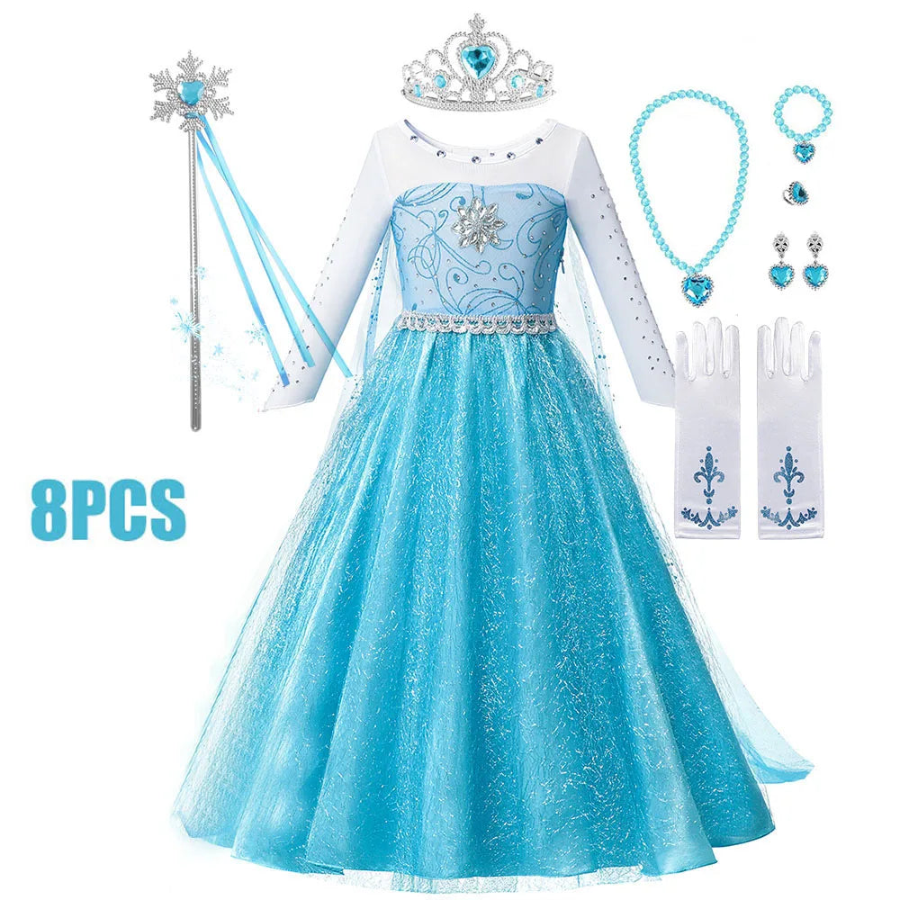 Kids blue princess-style gown with white mesh long sleeves and ornate shimmer bodice