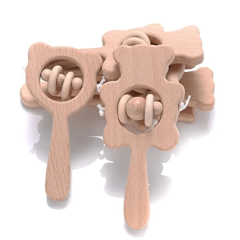 Beech wood animal ring teether with two-tone metal rattle bells, rabbit and owl style