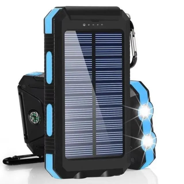 Solar power bank with bright flashlight LEDs, black body with blue side accents
