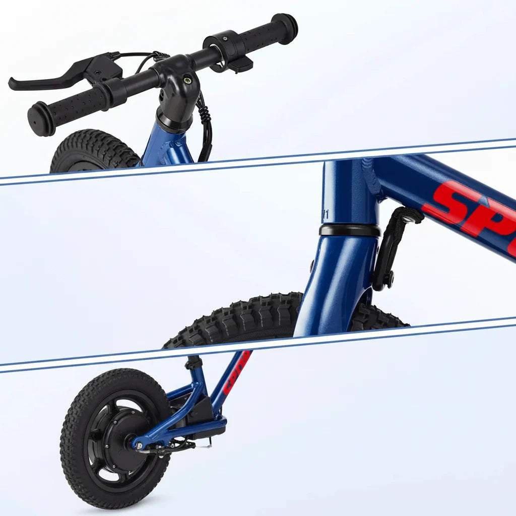 Kids balance bike with air tires, close-up blue frame with red SPDR bar and black handlebars