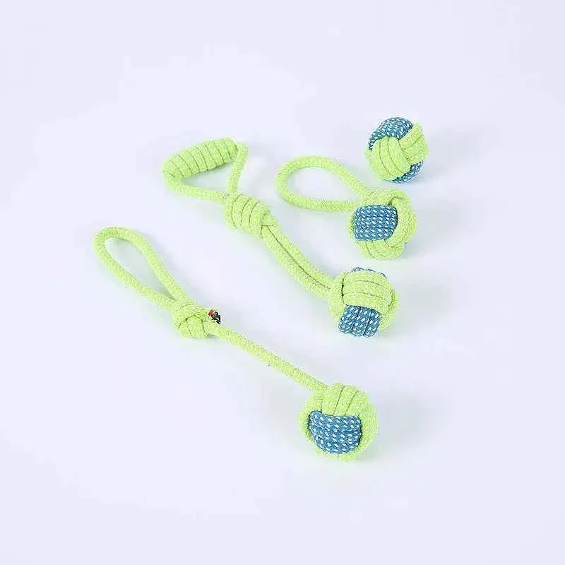 Cotton rope dog toy set with green ropes and blue-and-green ball ends